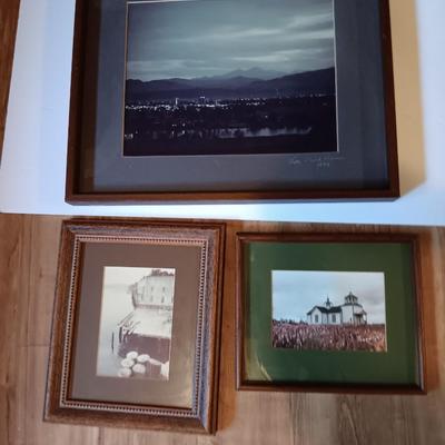 Three framed photographs one of fort Collins, Colorado skyline