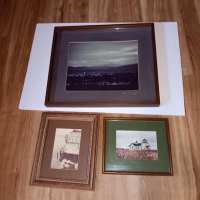 Three framed photographs one of fort Collins, Colorado skyline