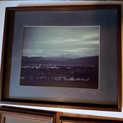 Three framed photographs one of fort Collins, Colorado skyline