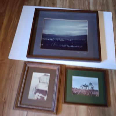 Three framed photographs one of fort Collins, Colorado skyline