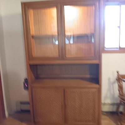 Vintage 1970's wicker woven front cabinet / china hutch