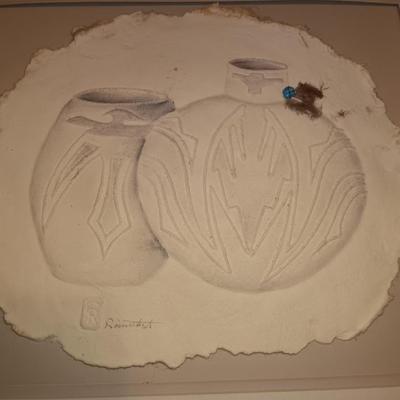 Framed and signed Native baskets Handmade paper casting cotton lint / Southwestern art