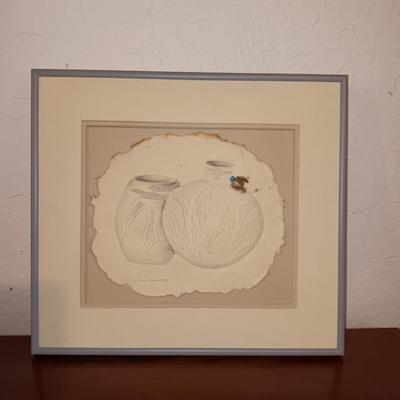 Framed and signed Native baskets Handmade paper casting cotton lint / Southwestern art