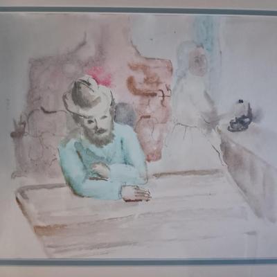 Watercolor man at table with cowboy hat on