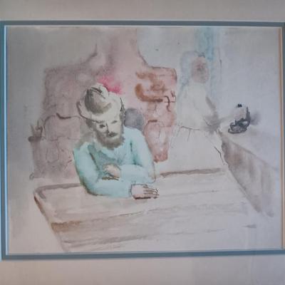 Watercolor man at table with cowboy hat on