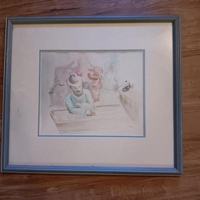 Watercolor man at table with cowboy hat on