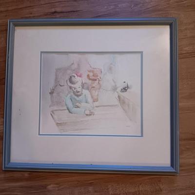 Watercolor man at table with cowboy hat on