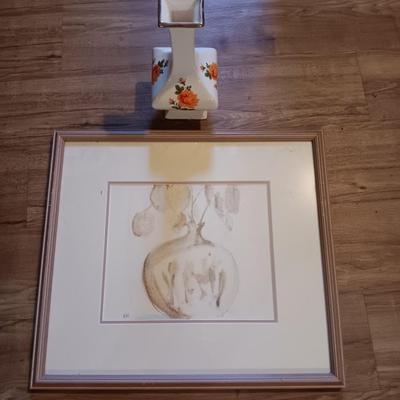 Framed and signed artwork vase with flowers and a vintage vase with yellow rose