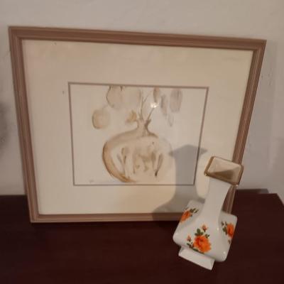 Framed and signed artwork vase with flowers and a vintage vase with yellow rose