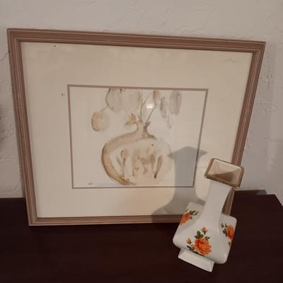 Framed and signed artwork vase with flowers and a vintage vase with yellow rose