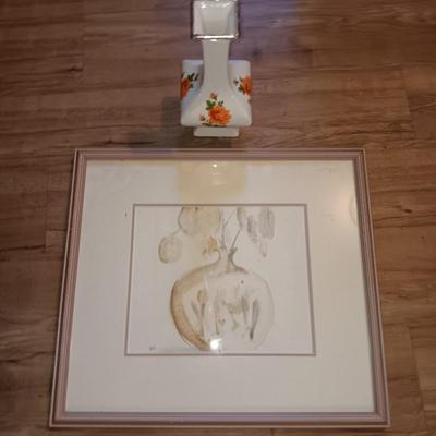 Framed and signed artwork vase with flowers and a vintage vase with yellow rose