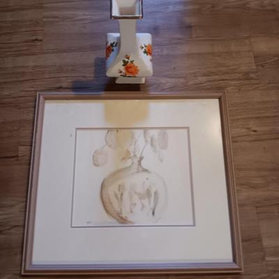 Framed and signed artwork vase with flowers and a vintage vase with yellow rose