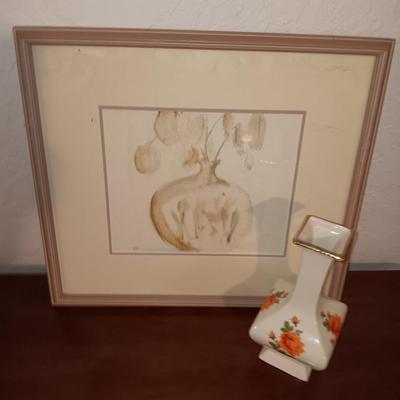 Framed and signed artwork vase with flowers and a vintage vase with yellow rose
