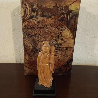 Chinese Cultural Revolution Hand carved Immortal Figurine Statue with world Map faux book box