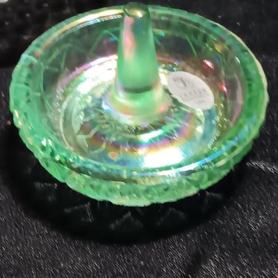Beautiful Opalescent Moonstone dish with FENTON marked and Kristal Zajedar marked ring holders