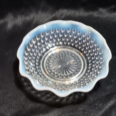 Beautiful Opalescent Moonstone dish with FENTON marked and Kristal Zajedar marked ring holders