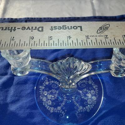 Two beautiful rare Tiffin Glass JUNE NIGHT etch #5902 un-beaded double candlestick 1941-1966
