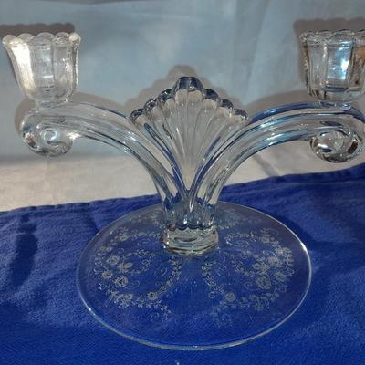 Two beautiful rare Tiffin Glass JUNE NIGHT etch #5902 un-beaded double candlestick 1941-1966