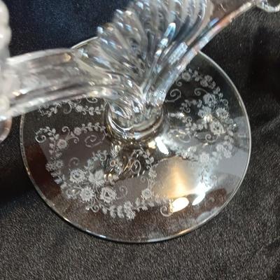 Two beautiful rare Tiffin Glass JUNE NIGHT etch #5902 un-beaded double candlestick 1941-1966
