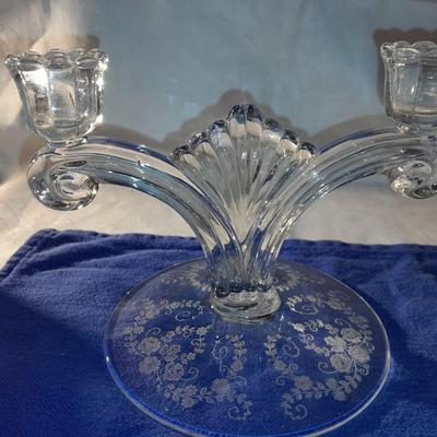 Two beautiful rare Tiffin Glass JUNE NIGHT etch #5902 un-beaded double candlestick 1941-1966