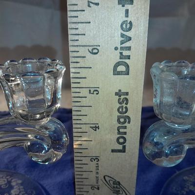 Two beautiful rare Tiffin Glass JUNE NIGHT etch #5902 un-beaded double candlestick 1941-1966
