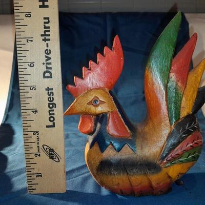 Wooden carved Rooster home decor vintage linen napkins and a Moutarde fine dish with spoon
