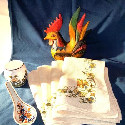 Wooden carved Rooster home decor vintage linen napkins and a Moutarde fine dish with spoon