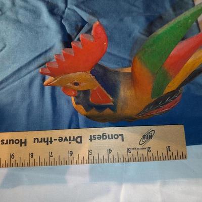 Wooden carved Rooster home decor vintage linen napkins and a Moutarde fine dish with spoon