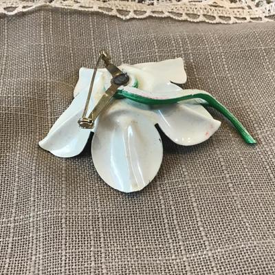 White Black MOD Metal Flower Brooch, Green Leaf Large Vintage Pin