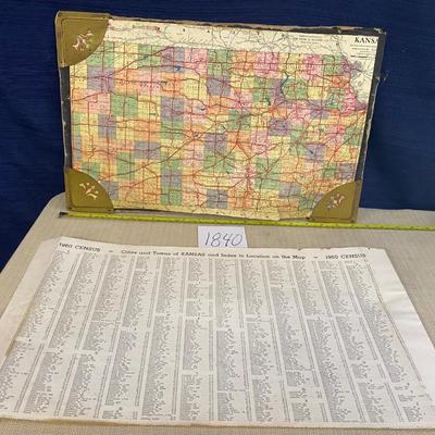 Vintage Kansas Map W/1960 Census