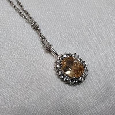 CW Citrine Surrounded by White Sapphires 18" 925 Necklace
