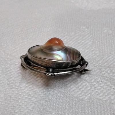 Antique Mediterranean Coral Set in Abalone 925 Brooch
