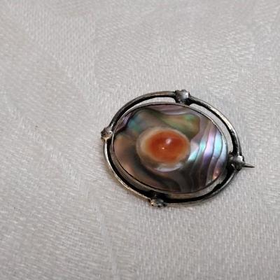 Antique Mediterranean Coral Set in Abalone 925 Brooch