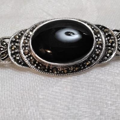 Vintage Italian Onyx and Marcasite 925 Brooch