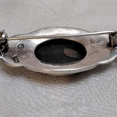 Vintage Italian Onyx and Marcasite 925 Brooch