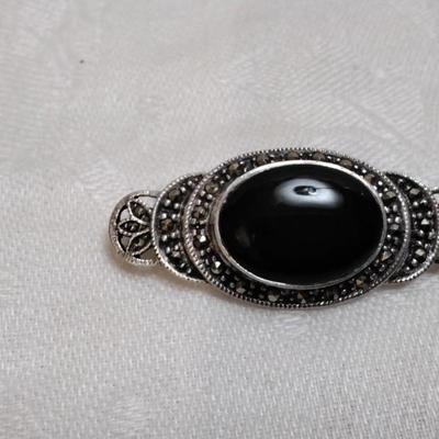 Vintage Italian Onyx and Marcasite 925 Brooch