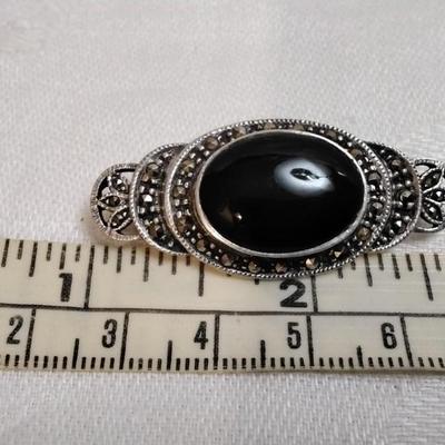 Vintage Italian Onyx and Marcasite 925 Brooch