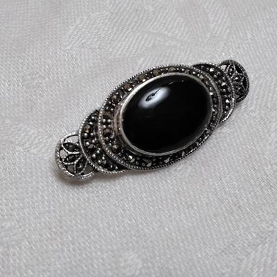 Vintage Italian Onyx and Marcasite 925 Brooch