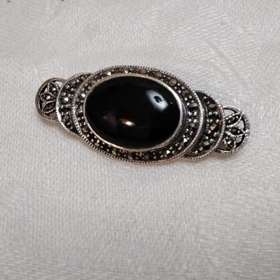 Vintage Italian Onyx and Marcasite 925 Brooch