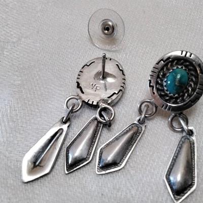 Navajo Hallmarked Hand Stamped Turquoise 925 Earrings
