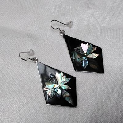 Vintage Onyx and Abalone Mexico 925 Earrings