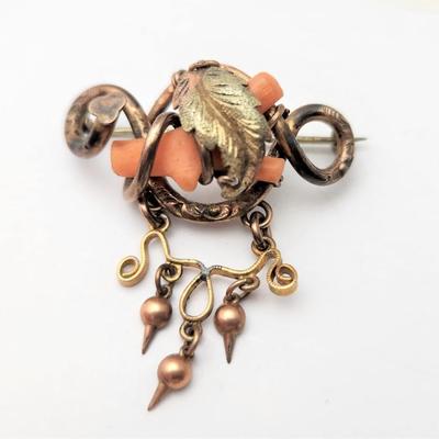 Lot #35  Antique Gold Filled Brooch with Natural Coral Accent