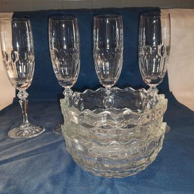 4 stemware wine glasses with 2 bowls