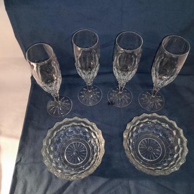 4 stemware wine glasses with 2 bowls