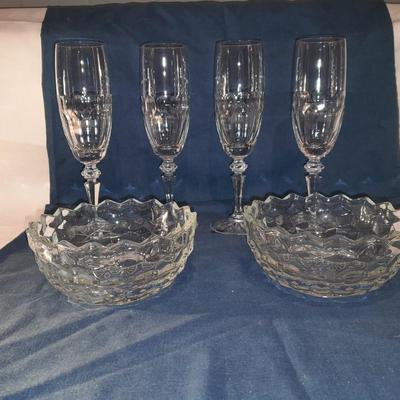 4 stemware wine glasses with 2 bowls