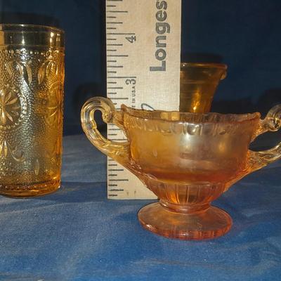 Vintage Amber Glassware Indiana glass juice cup, cream or sugar dish and small crackle glass pitcher