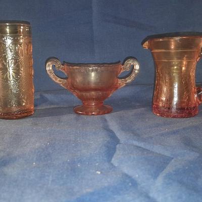Vintage Amber Glassware Indiana glass juice cup, cream or sugar dish and small crackle glass pitcher
