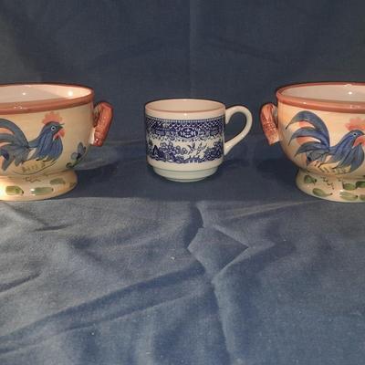 Rooster dishes with vintage blue print mug