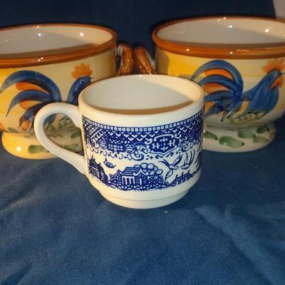 Rooster dishes with vintage blue print mug