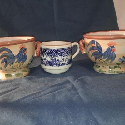 Rooster dishes with vintage blue print mug